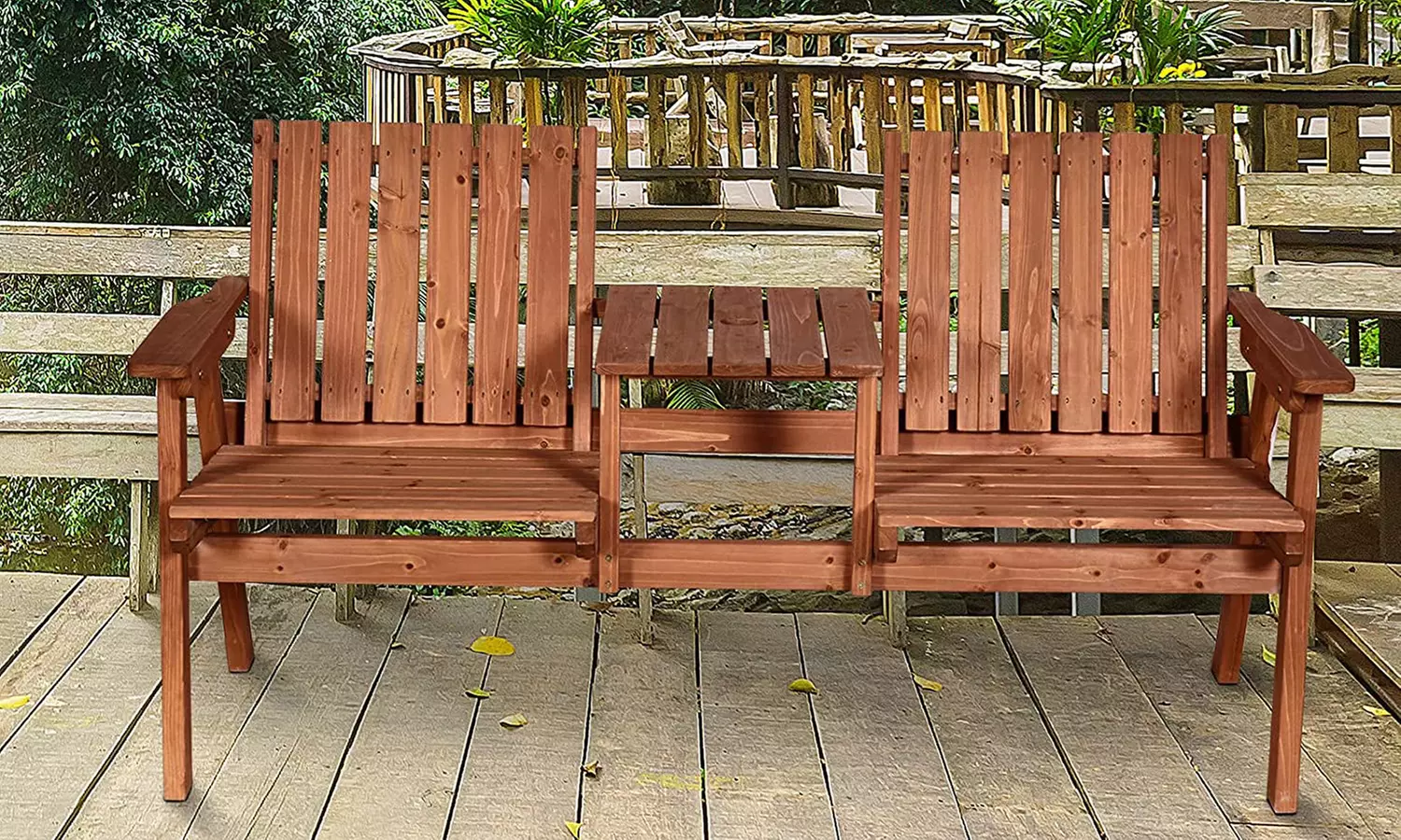 Outsunny 2-Seater Wooden Bench with Centre Table