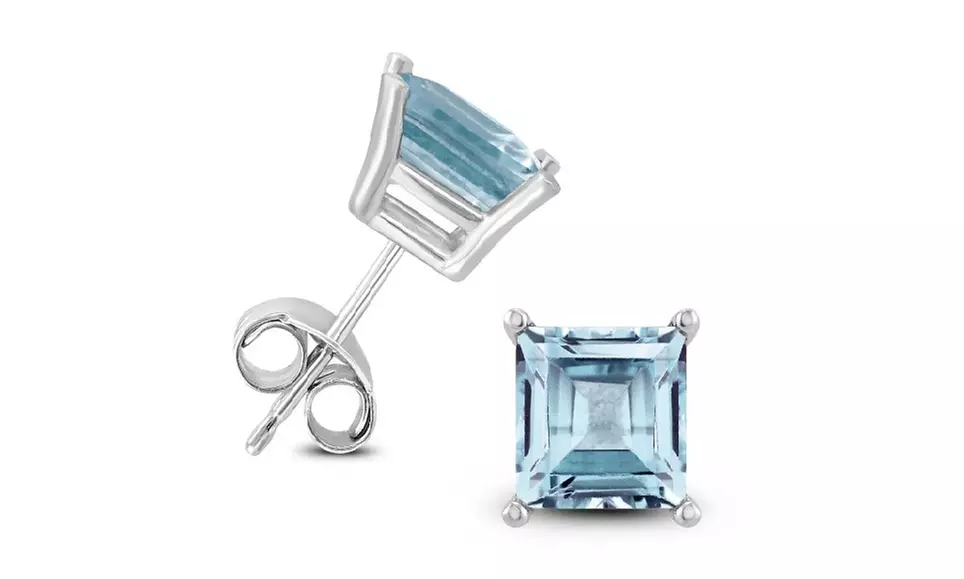 24k White Gold Plated 2 Cttw Aquamarine Square Stud Earrings - Primary Image