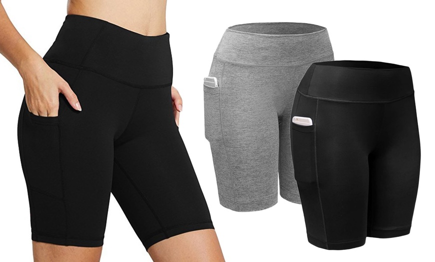 Image 3: Women Activewear Workout Bike Yoga Shorts Stretch Mid Thigh Leggings with Pocket