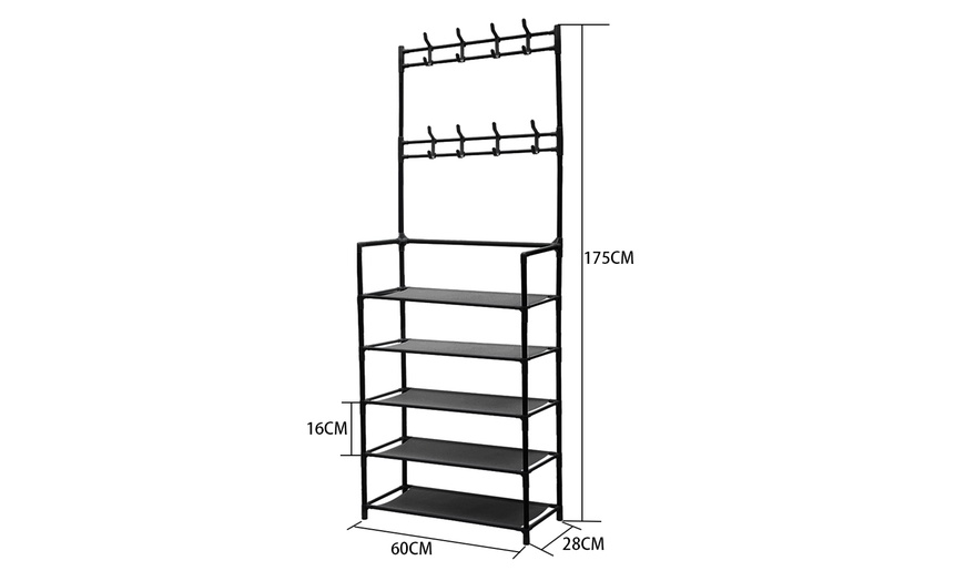 Image 8: Multi-Tier Metal Shoe Rack with Coat Hooks 