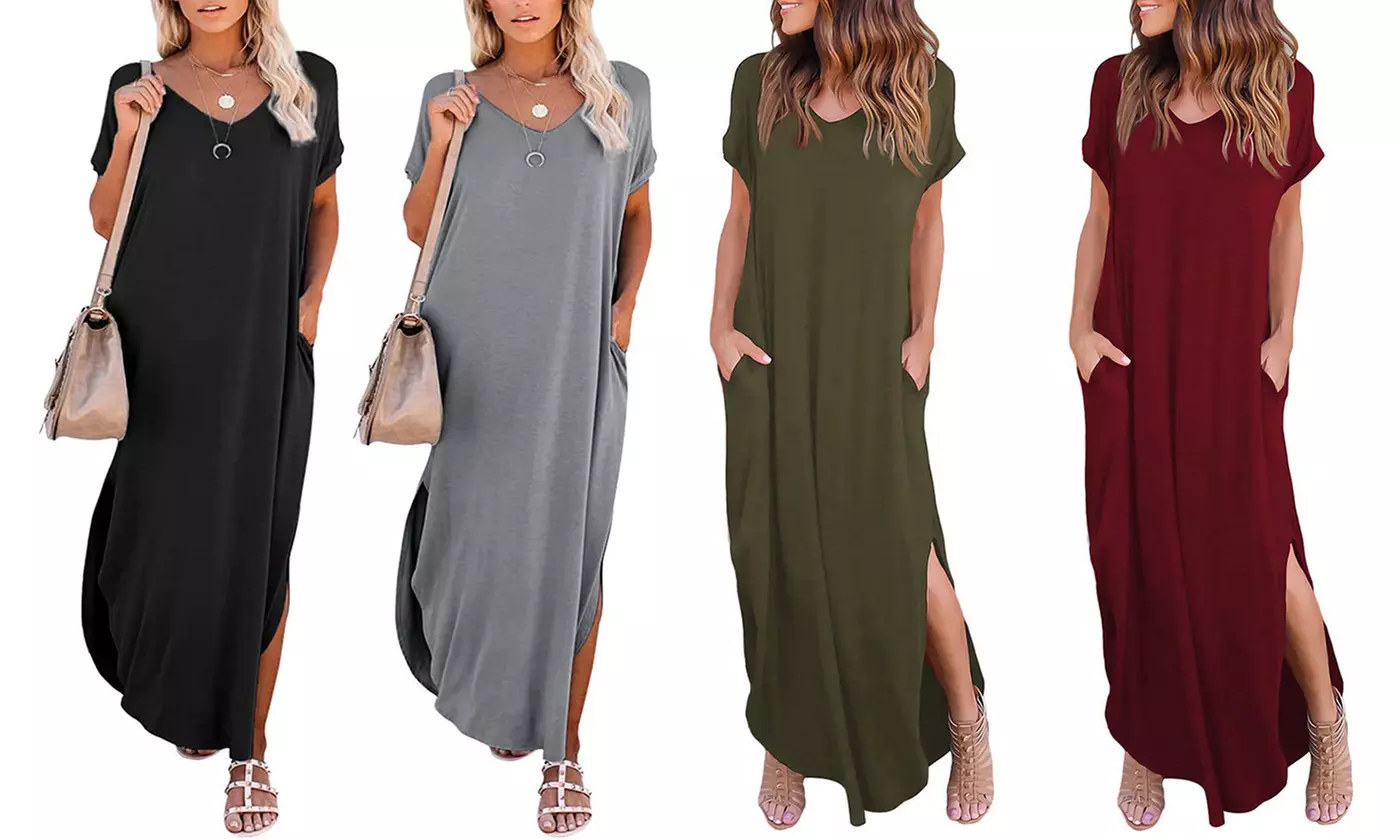 Women Summer Beach Casual Sexy Split Maxi Shirt Dress Short Sleeve Long Dresses - Primary Image