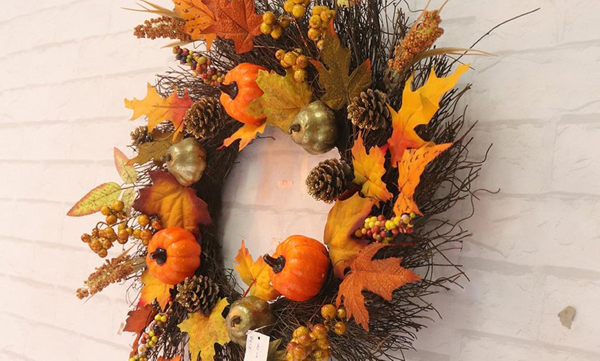 Image 5: Artificial Autumn Halloween Prelit Wreath Thanksgiving Decorations