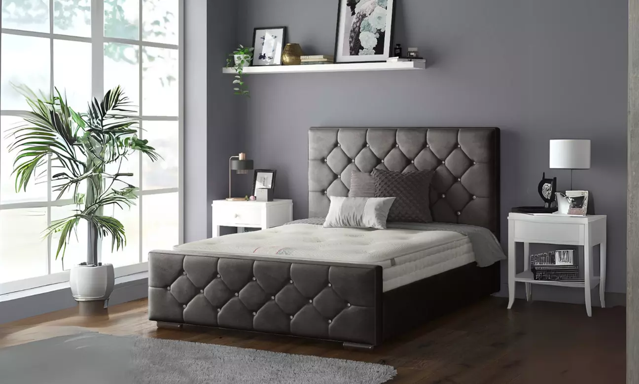 Oasis Diamante or Button Plush Bed Frame with Sprung Memory Foam Mattress