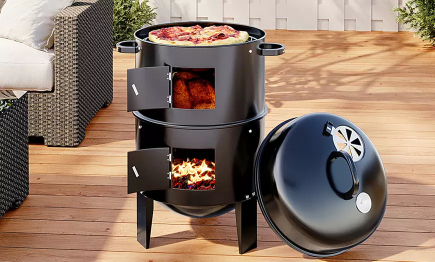 Image 1: Portable Cylindrical Double-Layer Charcoal BBQ Grill