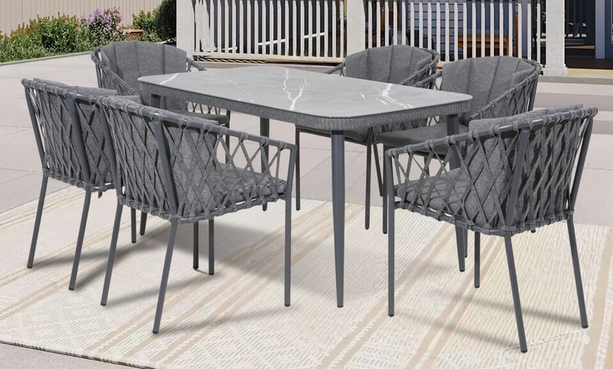 Image 1: Seven-Piece Metal Outdoor Dining Set with Table and Six Chairs