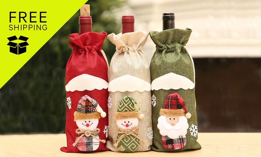 Image 1: 3 Packs Christmas Wine Bottle Bags / Santa Claus Cutlery Set