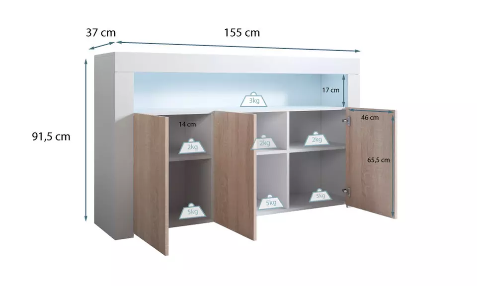 Aparador modelo Aker con acabado en brillo y luz led