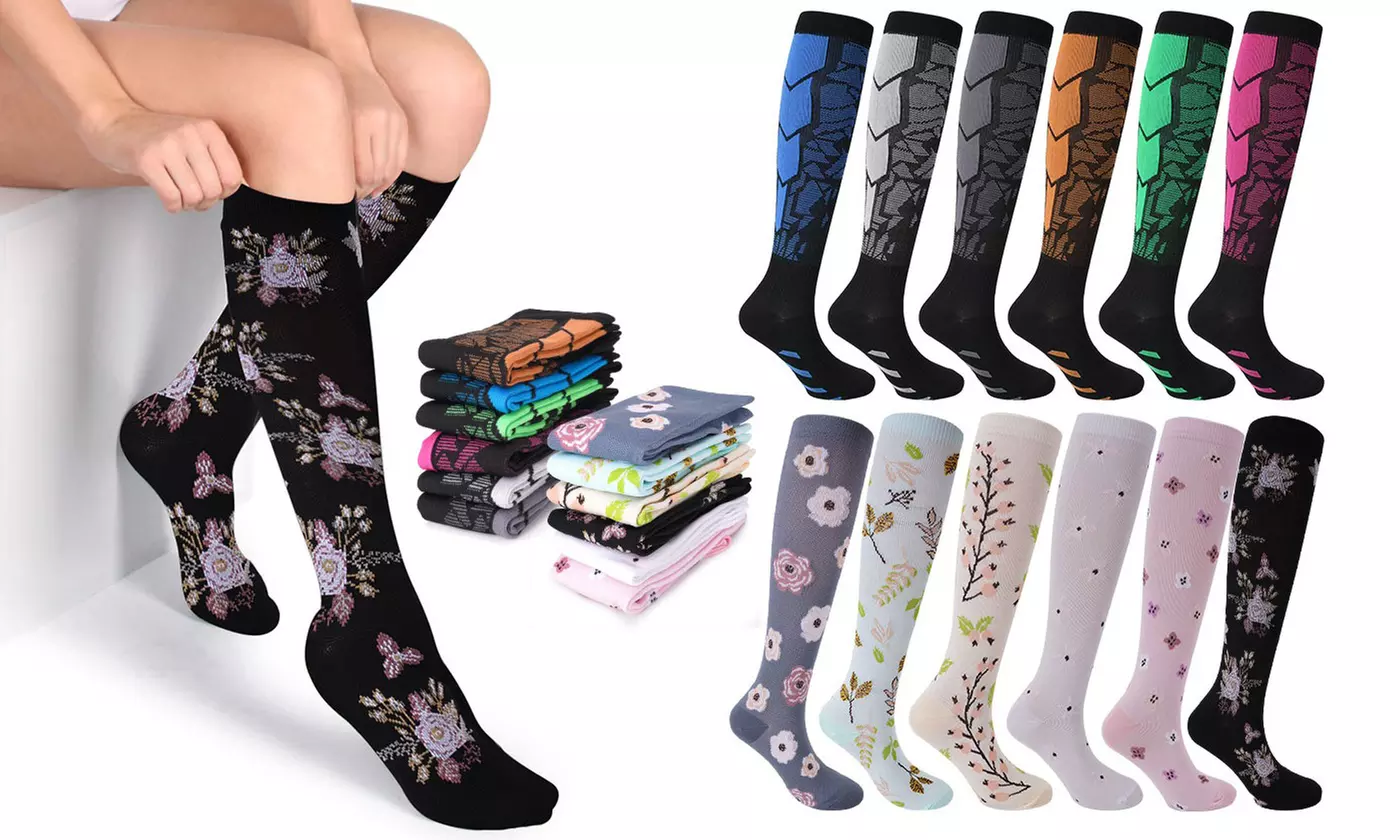 6 Pairs Knee-High Graduated Compression Socks 15-20 mmHg for Nurses Running