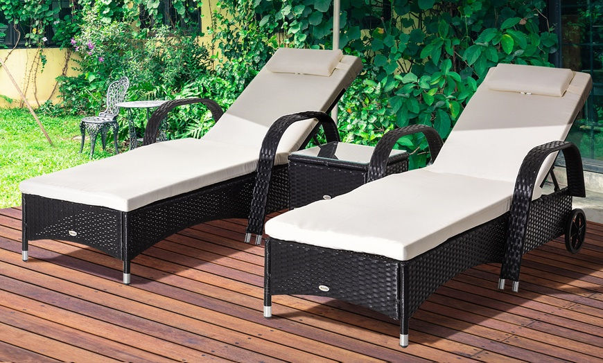 Image 12: Outsunny Set of Two Sun Loungers with Cushions and a Table