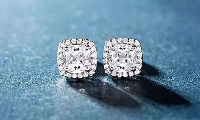 Sterling Silver Cushion Cut Halo Studs With Crystals From Swarovski