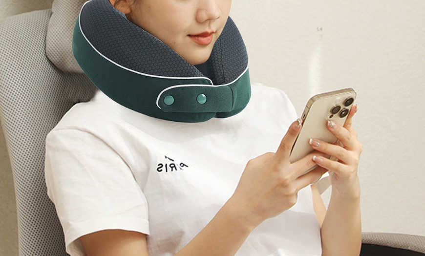 Image 7: Memory Foam Travel Neck Pillow Set, Includes Mask and Earplugs