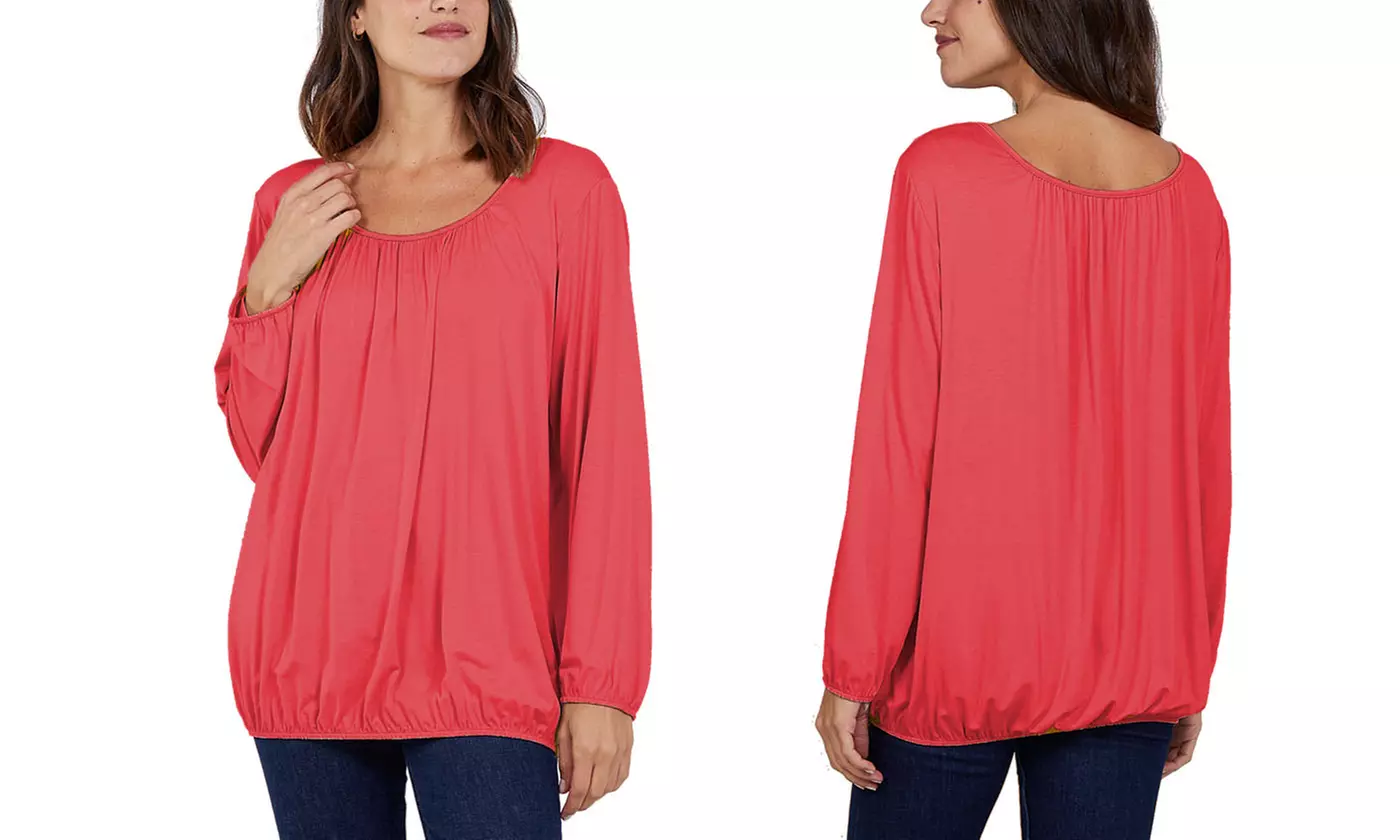 Ladies Baggy Fit Ruched Neck Long Sleeve Top