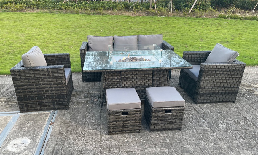Image 1: 7-Seater Rattan Effect Garden Lounge Set with Gas Fire Pit Table