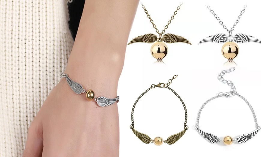 Image 1: Snitch Inspired Necklace and Bracelet Set