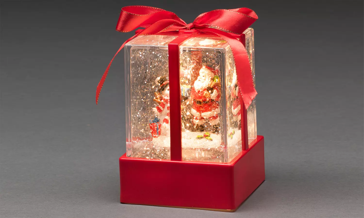 LED Christmas Water-Filled Snow Gift Box Light with Santa and Snowman - Primary Image