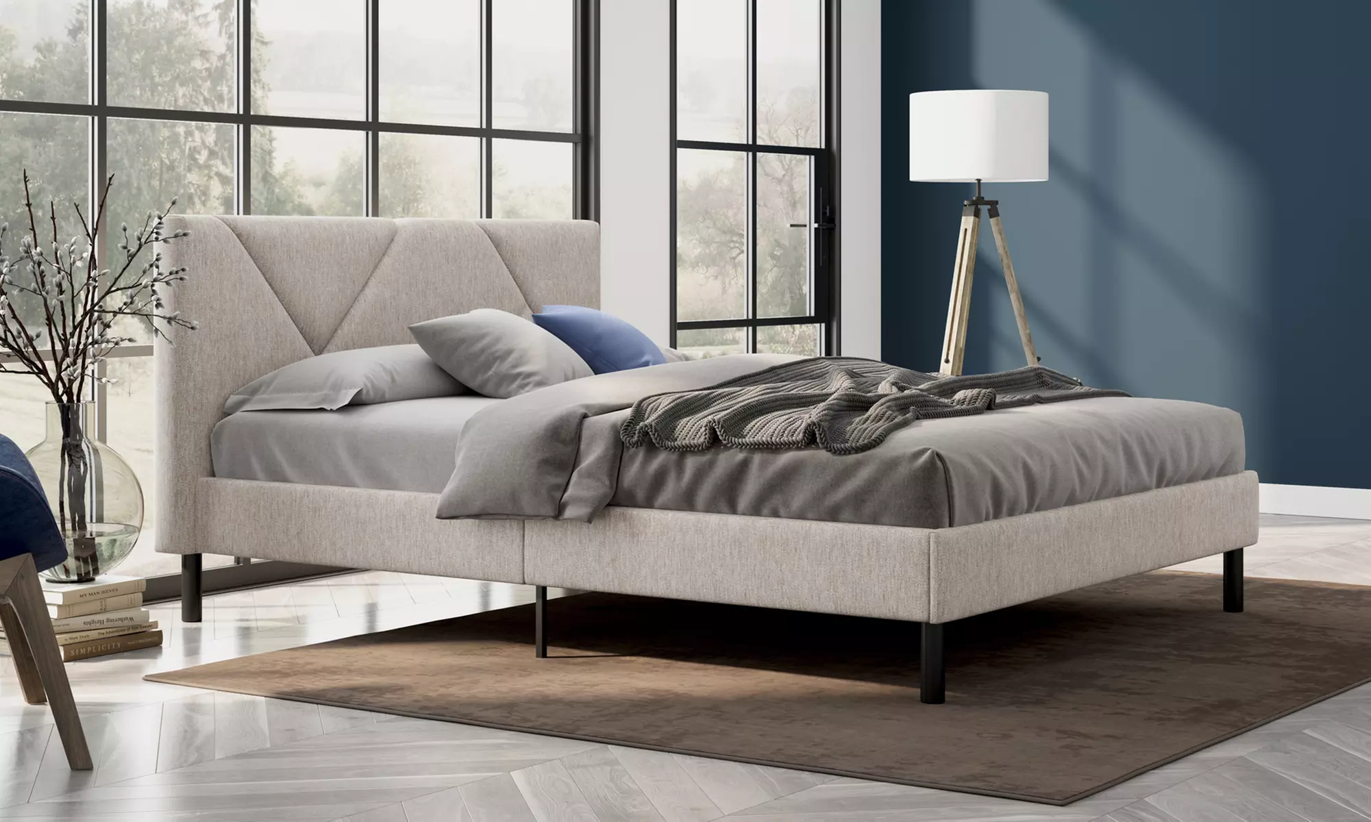 Lit design rembourré "Ric" avec rangement intelligent