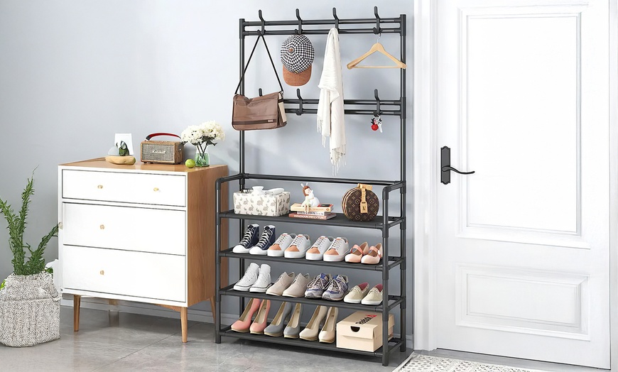 Image 5: Multi-Tier Metal Shoe Rack with Coat Hooks 