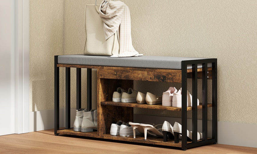 Image 8: HOMCOM Shoe Storage Bench with Padded Seat and Boot Shelf