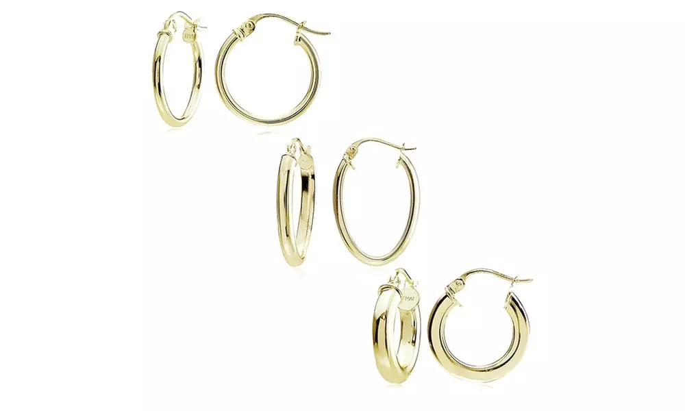 Set of 3 Gold Flash 925 Silver Polished, Square-Tube and Oval 15mm Hoop Earrings
