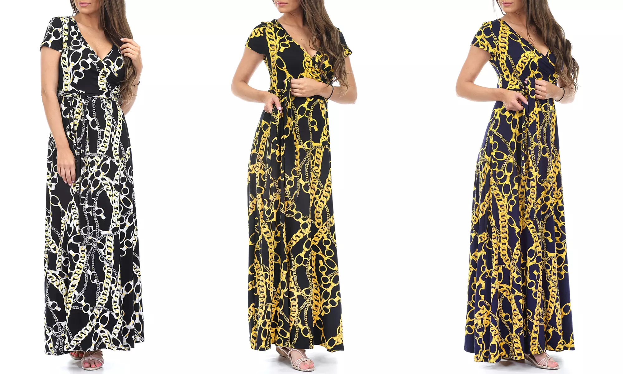 Women's Designer Chain Print Maxi Dress with Belt - Primary Image