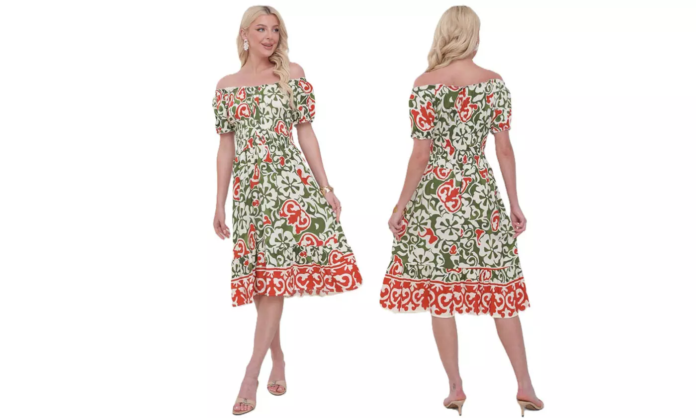 Women's Printed Bardot Gypsy Midi Dress