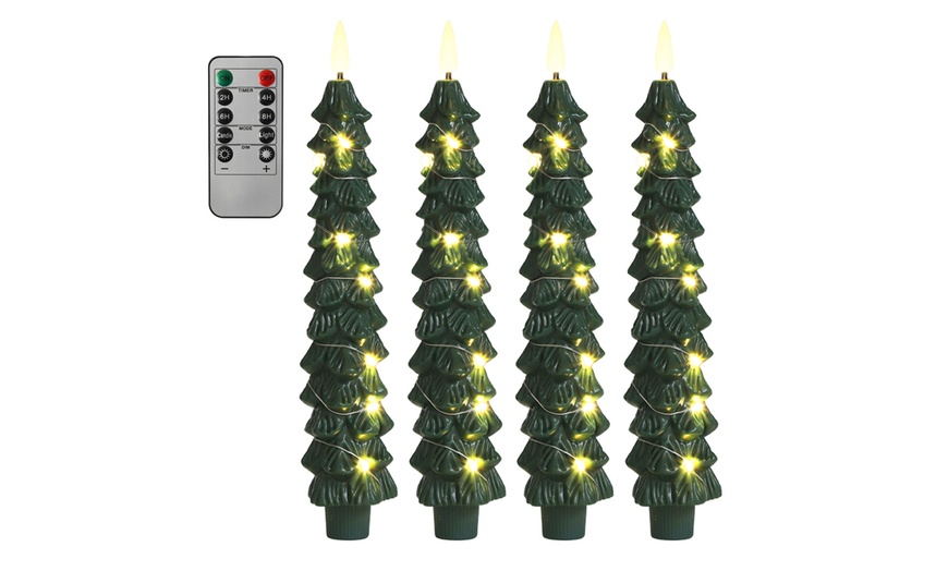 Image 2: 4-Pack of Christmas Tree Flameless Taper Candles with Remote Timer