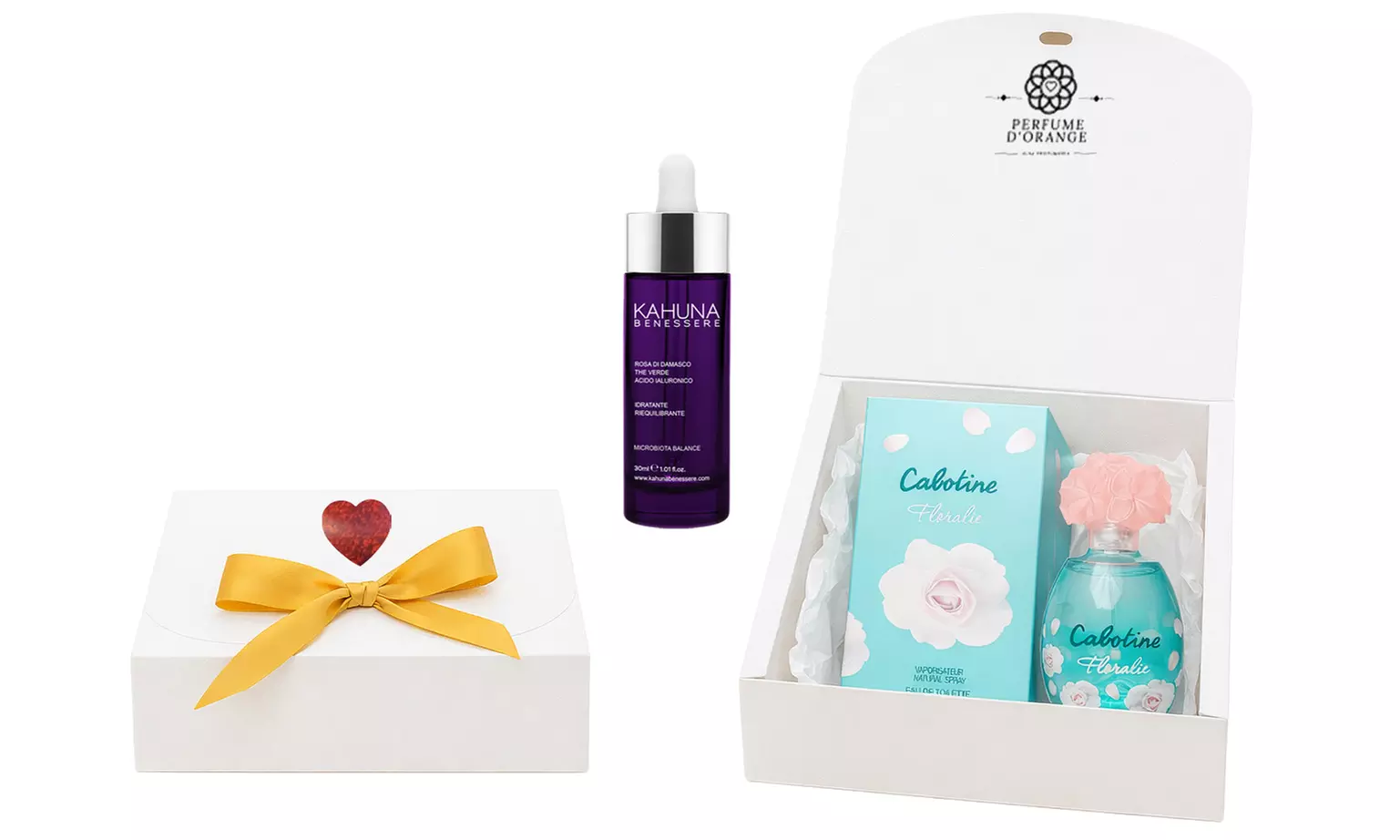 Cadeauset met geur van Cabotine de Gres of Laura Biagiotti of Elie Saab of Lancôme, incl. een serum van Kahuna Benessere - Primary Image