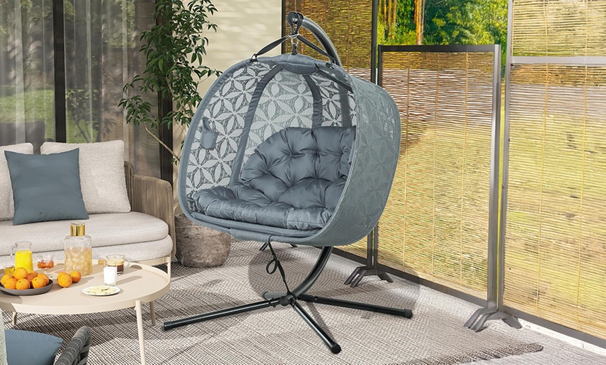Image 2: Outsunny Outdoor Double Hanging Chair with Cushion