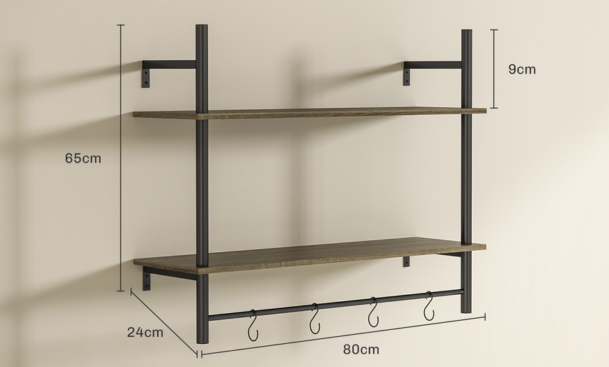 Image 9: HomCom Wall Shelf Unit with Four Hooks for Living Room, Entryway