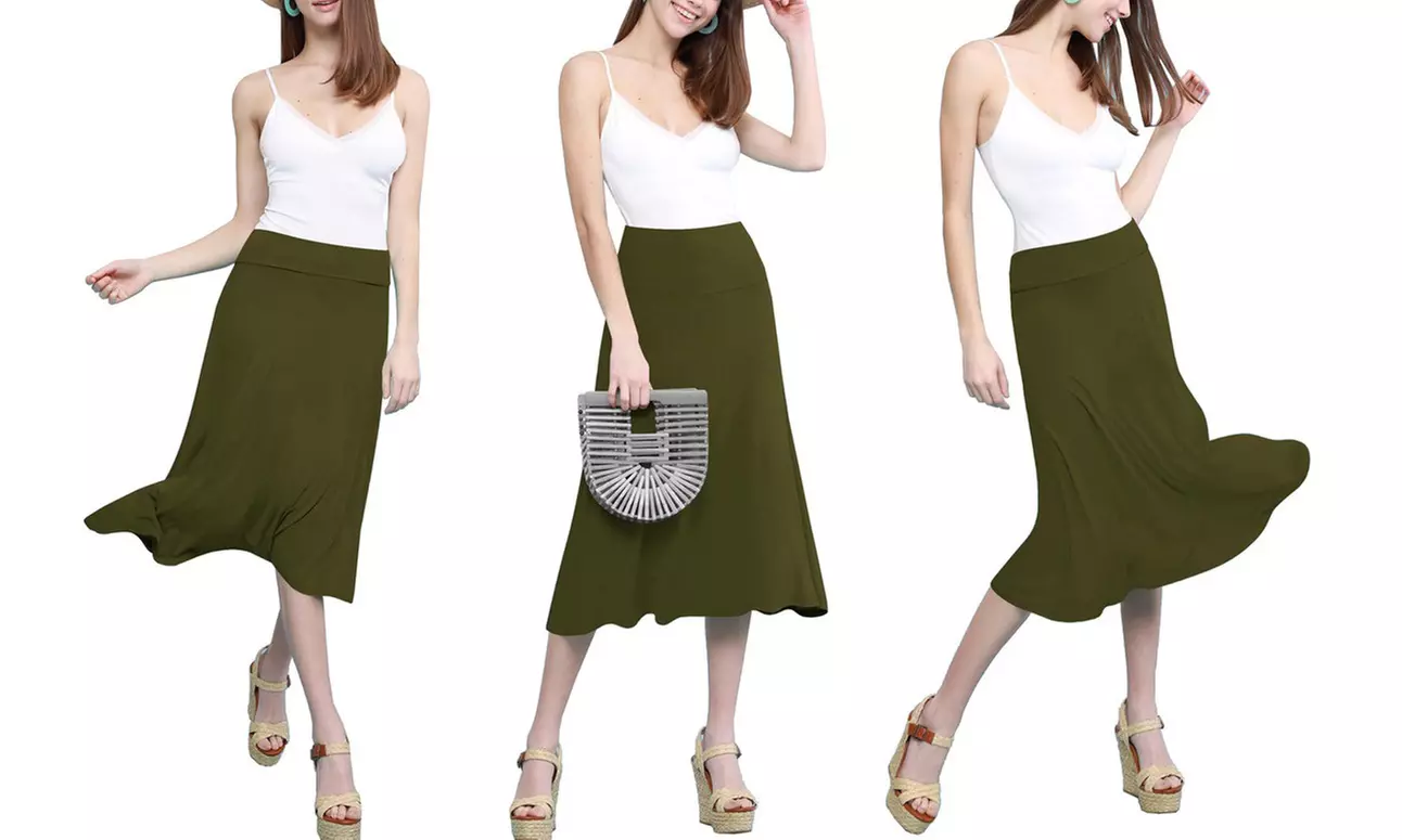 Women's Solid Lightweight Flare Midi Pull On Skirt