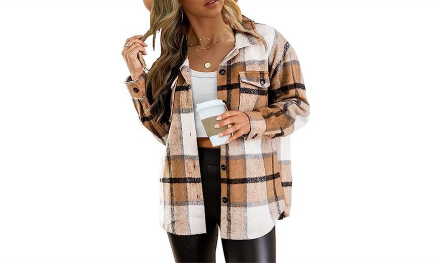 Image 3: Women's Button Down Plaid Shirts with Pockets