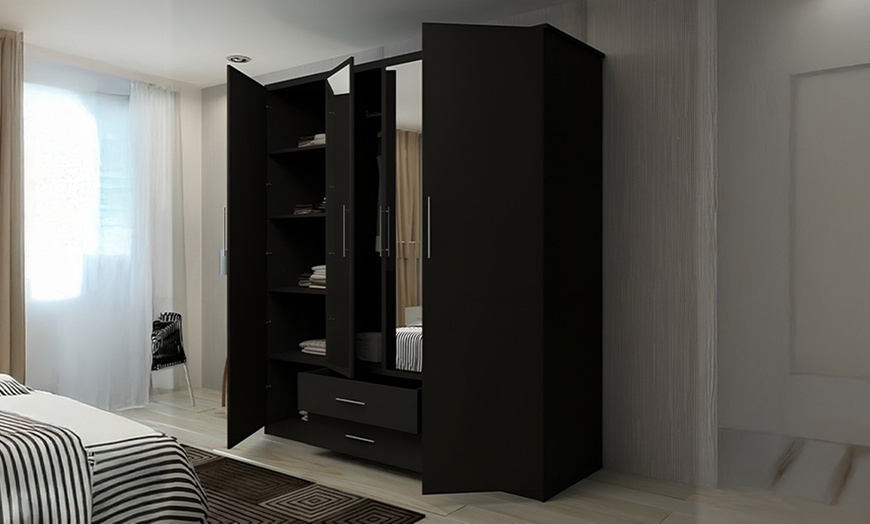 Image 9: Lucca Modern 4 Door Hinged Wardrobe with Mirror and Drawers
