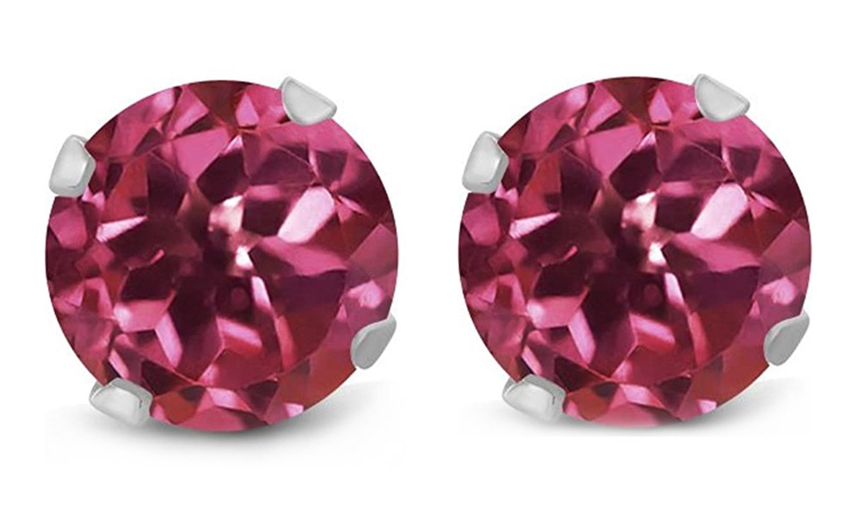 14k white Gold Plated Round Pink Tourmaline Stud Earrings
