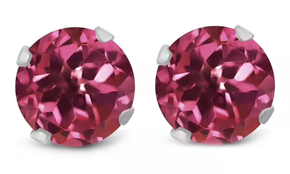 14k white Gold Plated Round Pink Tourmaline Stud Earrings - Primary Image