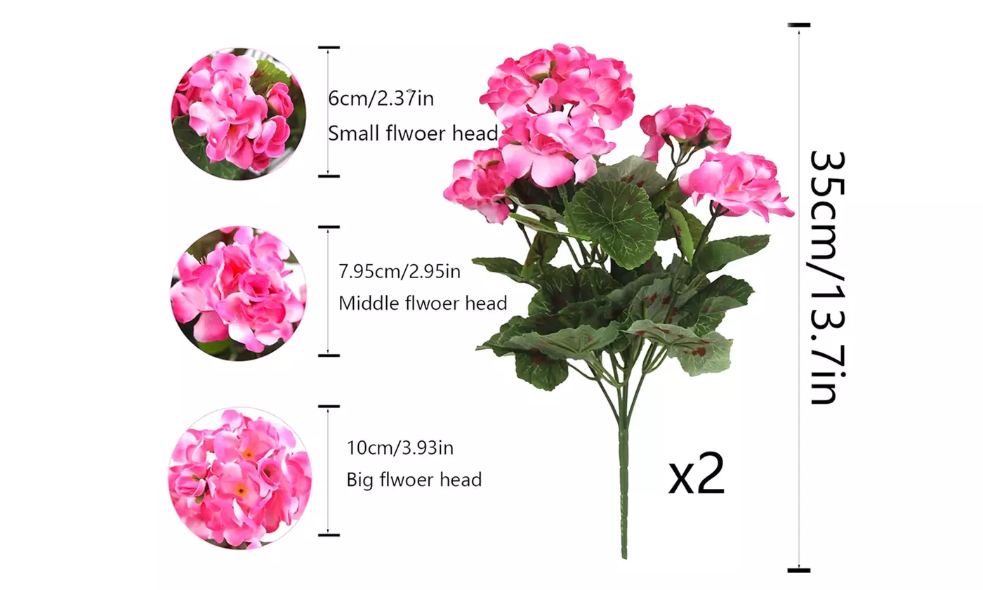 2 Pcs Artificial Geraniums Silk Flowers Faux Flowers Outdoor Plant Bush