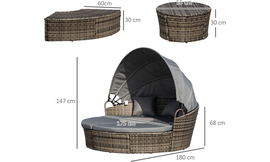 Image 11: Outsunny Round Rattan Sofa Bed with Retractable Canopy
