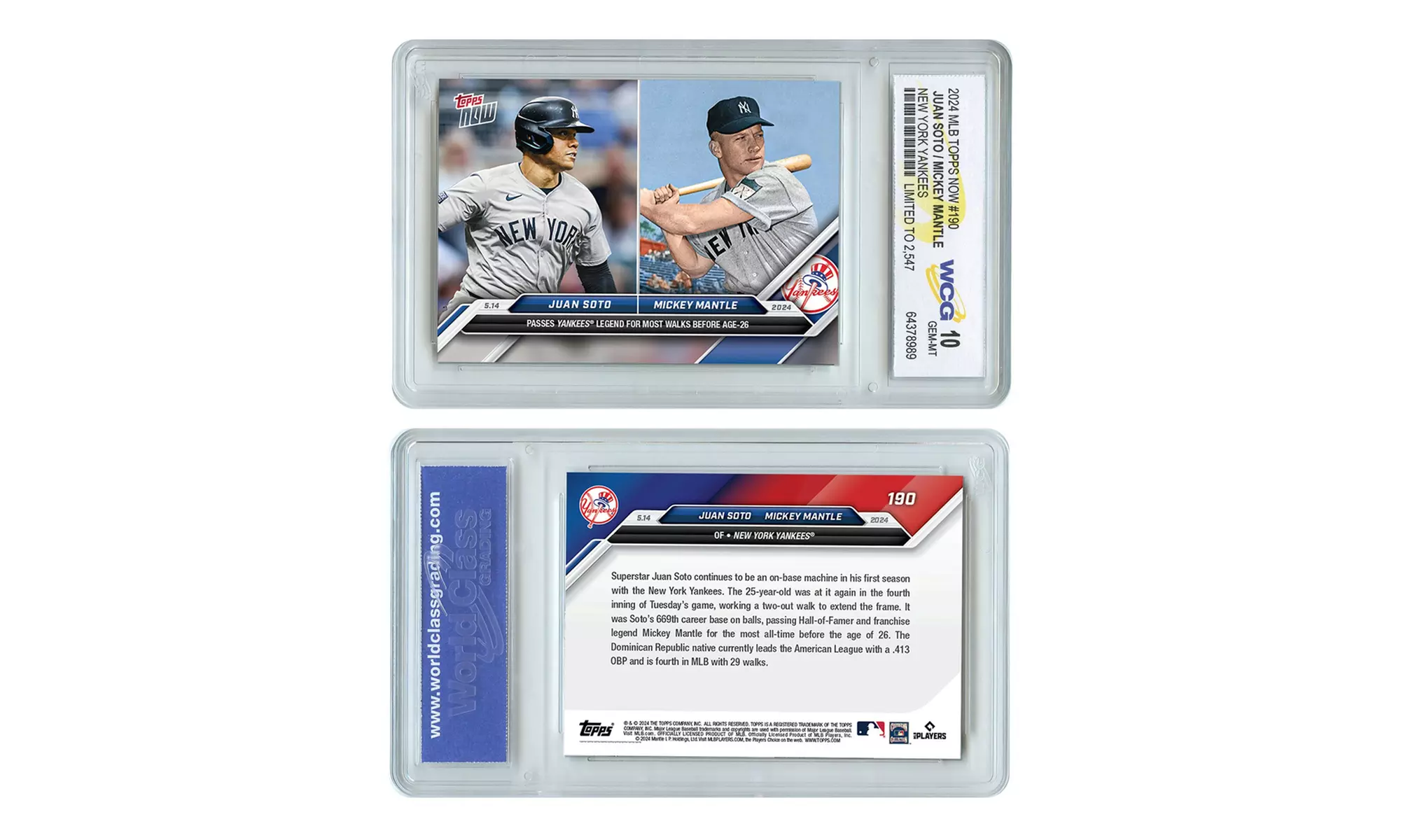 2024 Topps Now Juan Soto / Mickey Mantle NY Yankees Card #190 - Graded GM 10