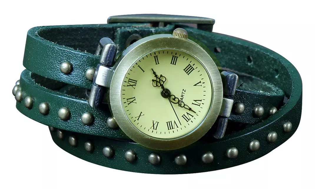 Retro Rivet Vegan Leather Wrap-Around Cuff Watch