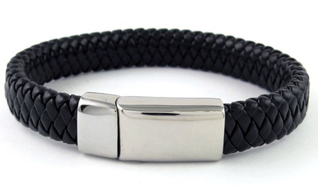 Mens Genuine Leather Braided Buckle Bracelets Black Leather Stainless Steel