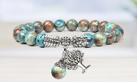 Tree of Life Lucky Charm Stretch Bracelet Multi Black Lava Rhodium Plated Brass