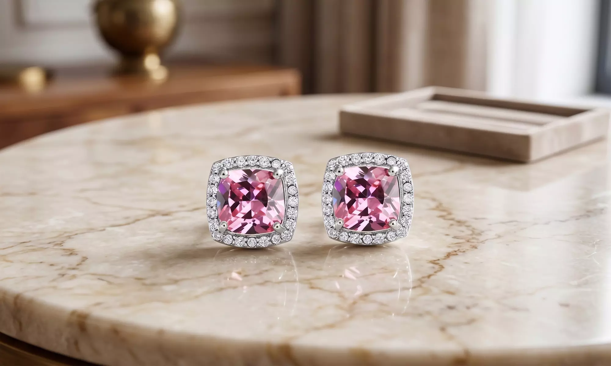 Paris Jewelry 14k Gold Created Halo Princess Pink Sapphire Stud Earrings Plated