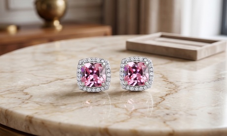 Paris Jewelry 14k Gold Created Halo Princess Pink Sapphire Stud Earrings Plated 3 ct White Gold Pink Sapphire