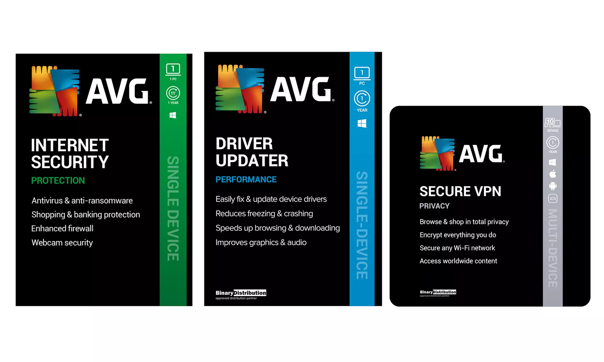 AVG PC TuneUp, AVG Driver Updater, AVG Internet Security, AVG Secure VPN para rendimiento y protección - Primary Image