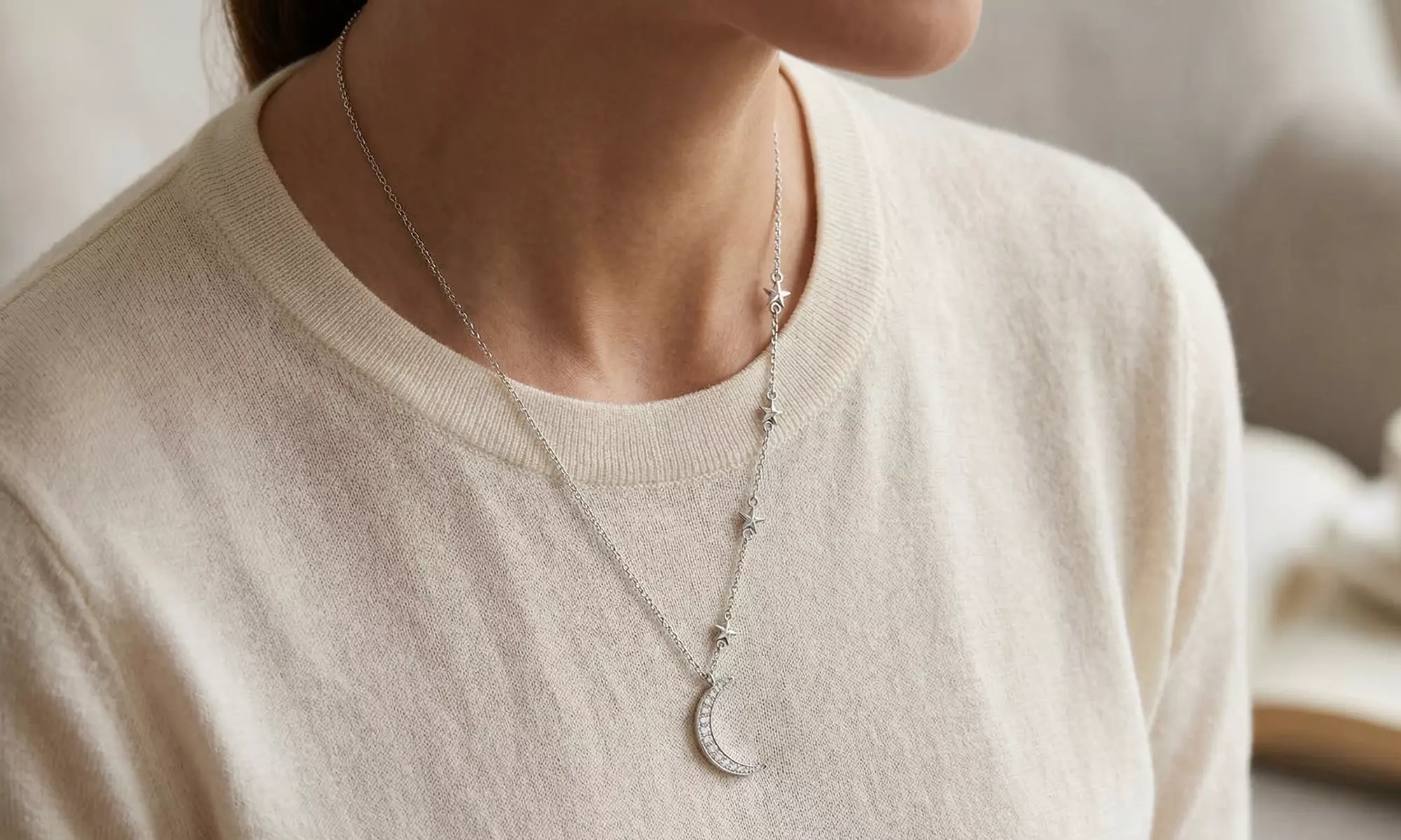 Crescent Moon Station Star Crystal Necklace Made With Crystals From Swarovski