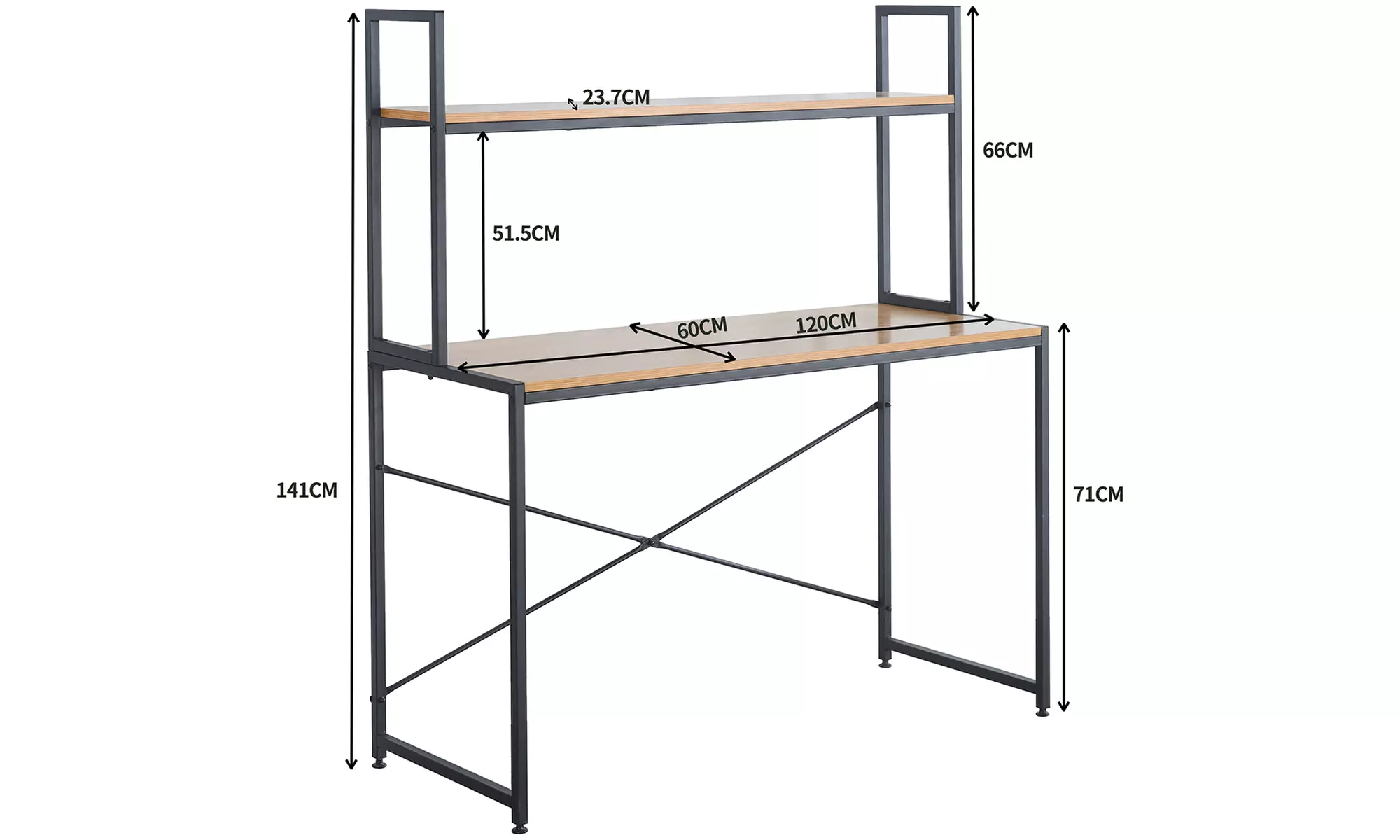 Bureau droit "Tucson" avec étagère intégrée, bois et acier