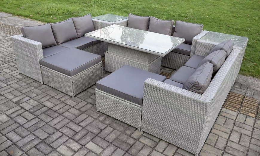 Image 6: Fimous 11-Seater Rattan-Effect Dining Set with Adjustable Table