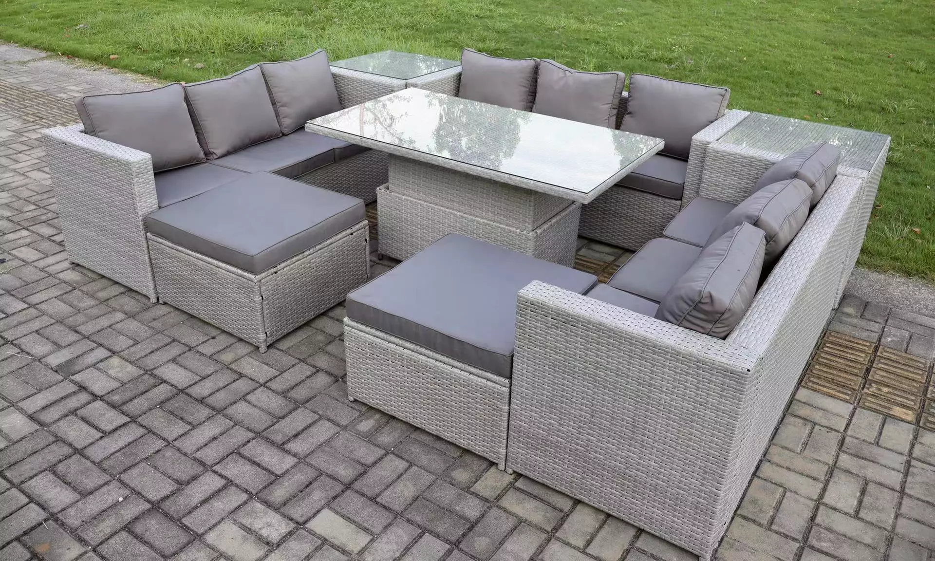 Fimous 11-Seater Rattan-Effect Dining Set with Adjustable Table - Image 6