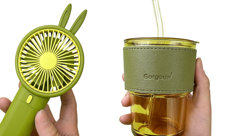 Image 2: Green Bliss Summer Fan, Water Bottle and Towel Gift Set