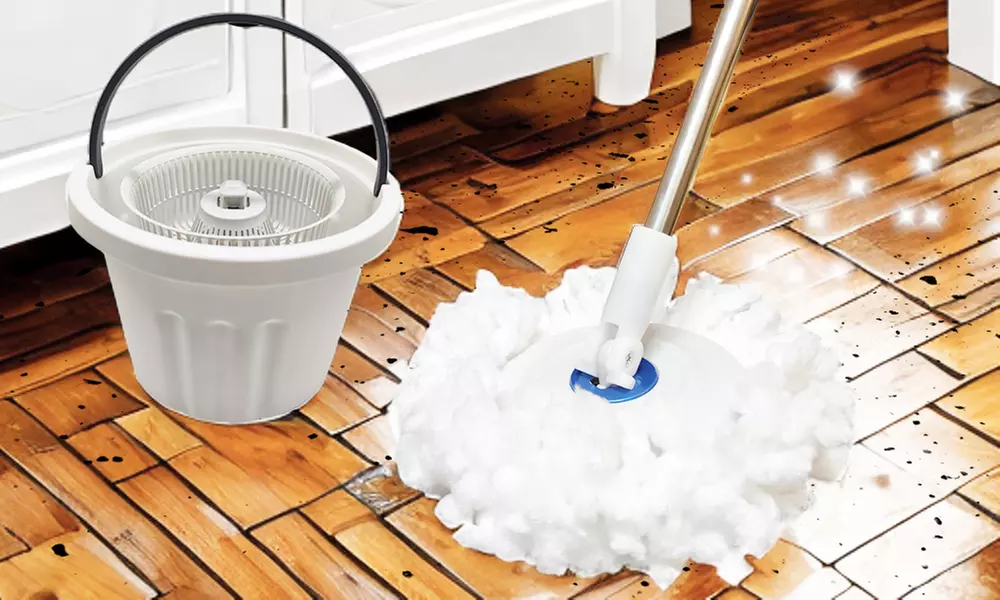 Balai-brosse avec seau rotatif à 360° avec essoreuse, manche télescopique, microfibre lavable - Primary Image