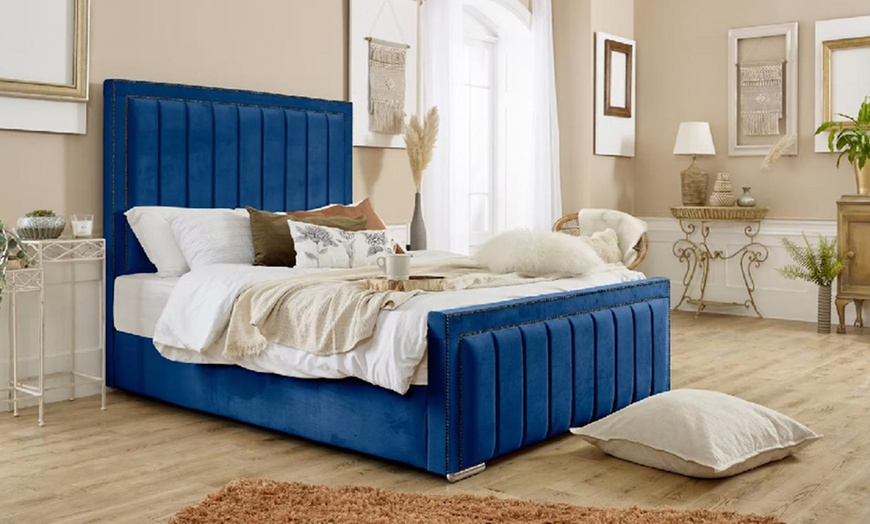 Image 1: Houston Bed Frame, Elegant Crushed Velvet or Plush Fabric